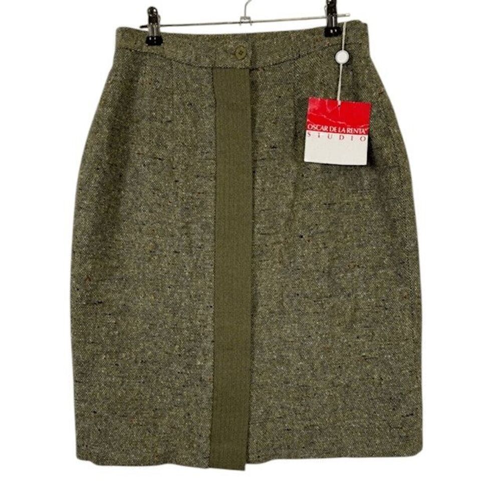 NWT Oscar de la Renta RARE Vintage Loden Olive‎ Wool Tweed Pencil Skirt Size 6